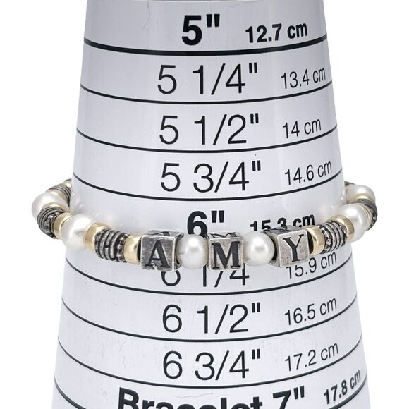 Sterling Silver 925 Gold Tone Beaded Pearl "AMY" Name Beaded Bracelet 6.75" - Picture 3 of 5